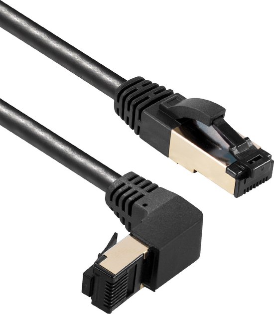 Zwarte netwerkkabel met een haakse RJ45-connector aan de onderkant en een rechte connector aan de bovenkant.