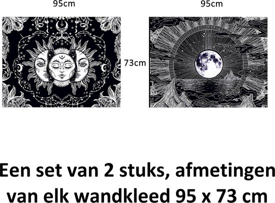 Decoratie Versiering - Ulticool Wandkleed Set van 2 – Maan Sterrenhemel Natuur Bohemian – Met Bevestigingspinnen - voor Binnen - Wandtapijt Posters Wanddoek Tarot Kaarten Heks Boho Zwart Aesthetic Room Decor - Idee Tiener Meisje