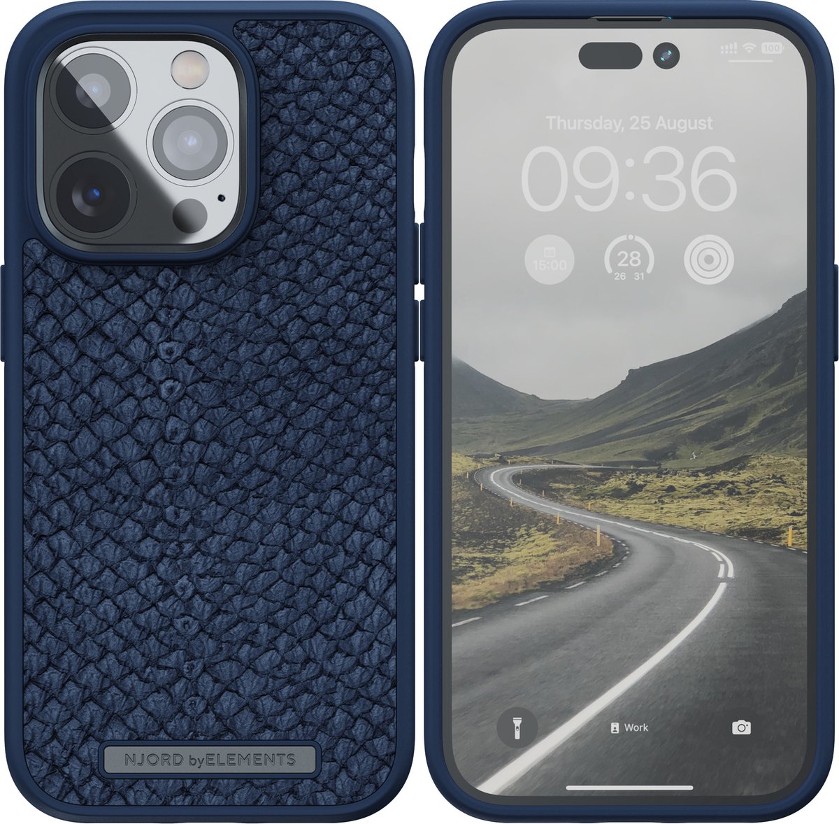 Njord byELEMENTS iPhone 14 Pro hoesje - Telefoonhoesje van Hoogwaardig Zalmleer - Gereycled / Duurzaam materiaal - 2 Meter valbescherming - Geschikt voor Magsafe / Draadloos laden - Blauw