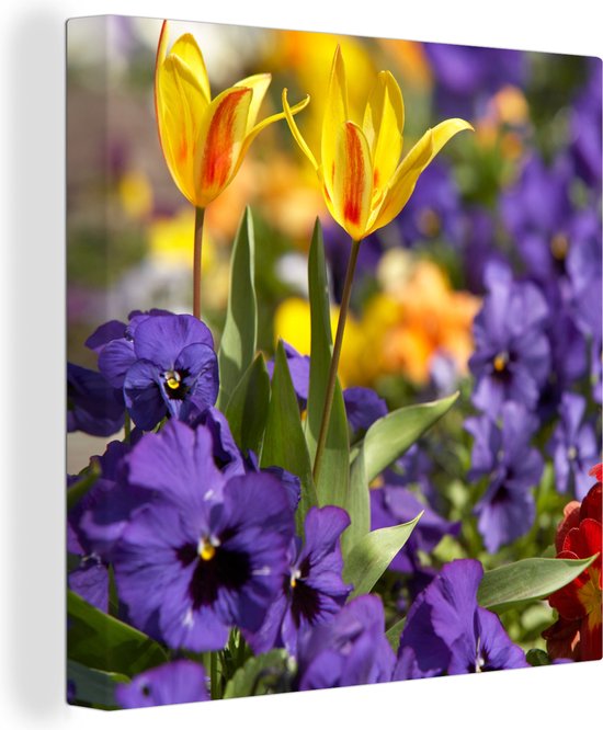 Toile Peinture Printemps - Fleurs - Couleurs - 90x90 cm - Décoration murale