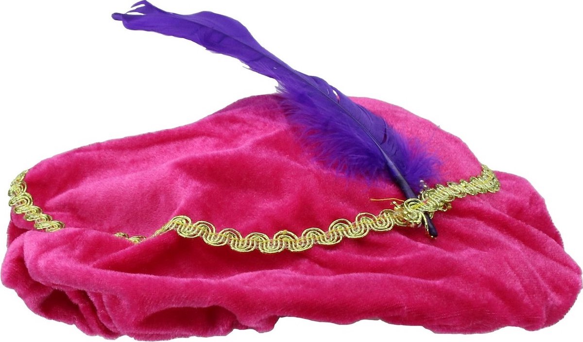 Pietenmuts met veer kinderen – baret roze met paarse veer – velours kwaliteit – one size – sinterklaas en piet verkleedaccessoire