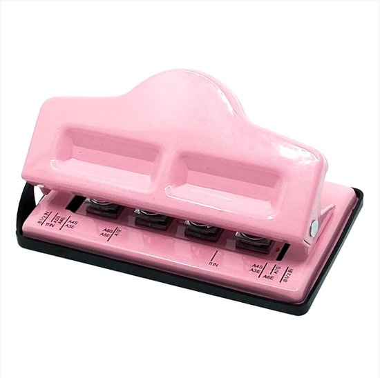 Roze perforator met 4 perforaties en instelbare liniaal voor verschillende formaten.