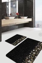 Badmat antislip 2 stuk set - 60x100 & 50x60 - Wc mat - Toiletmat - Bloemen op Zwart - Deurmat - De Groen Home