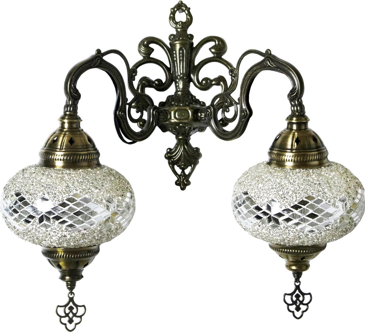 Oosterse mozaiek dubbele wandlamp - Zilver - Hoogte 25cm - Diameter bol(len) 18cm