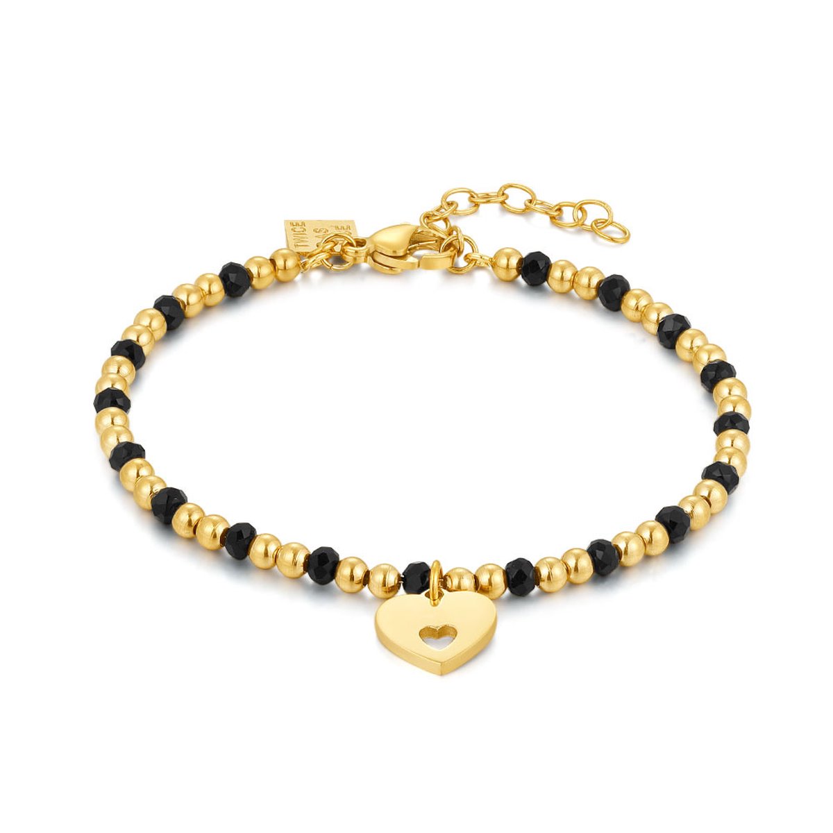 Twice As Nice Armband in edelstaal, hart, zwart en goude bolletjes 15cm+3cm