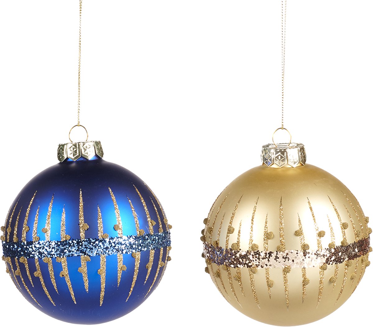 Viv! Christmas Kerstbal - Ring met glitters - set van 2 - glas - blauw goud - 10cm