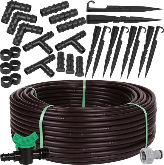 Bruine druppelleiding met drukcompensatie 16mm - 2,2 l/h + Gardena kraanaansluiting - MADE IN EU / 25m + Accessoires