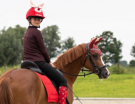 QHP Weihnachts-Ohrhaube Für Pferde – Mit Rudolph- Oder Elfen-Print | Aus Polyester, Für Warmblut & Andere Größen | Weihnachtliche Dekoration