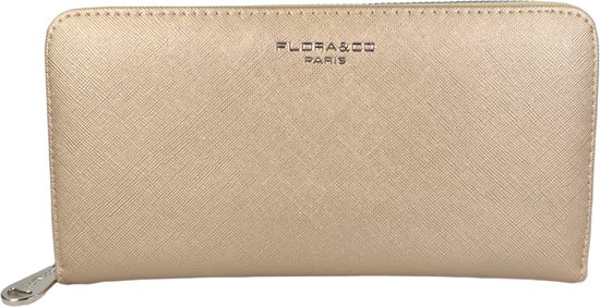 Flora & Co - Dames Portemonnee Saffiano Zip Around - 20,5x11,5x2,5 cm met rits - goud - Portefeuille - Beurs - Wallet