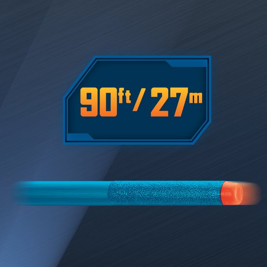 Een blauw Nerf-pijltje dat vliegt, met tekst '90ft / 27m'.