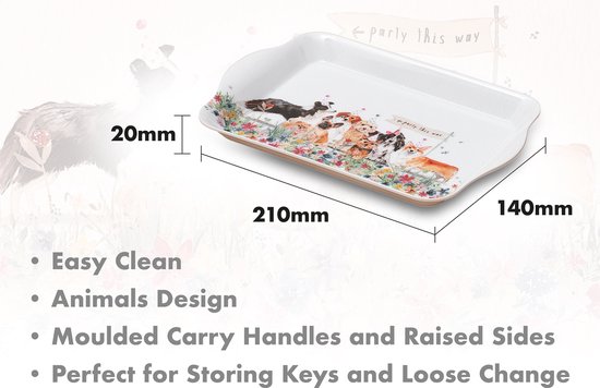 Wit dienblad met honden en bloemen, met afmetingen 21 x 14 x 2 cm en tekst "Easy Clean".