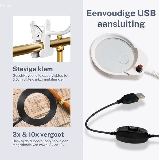Vergrootglas met klem en USB-aansluiting, 3x en 10x vergroting