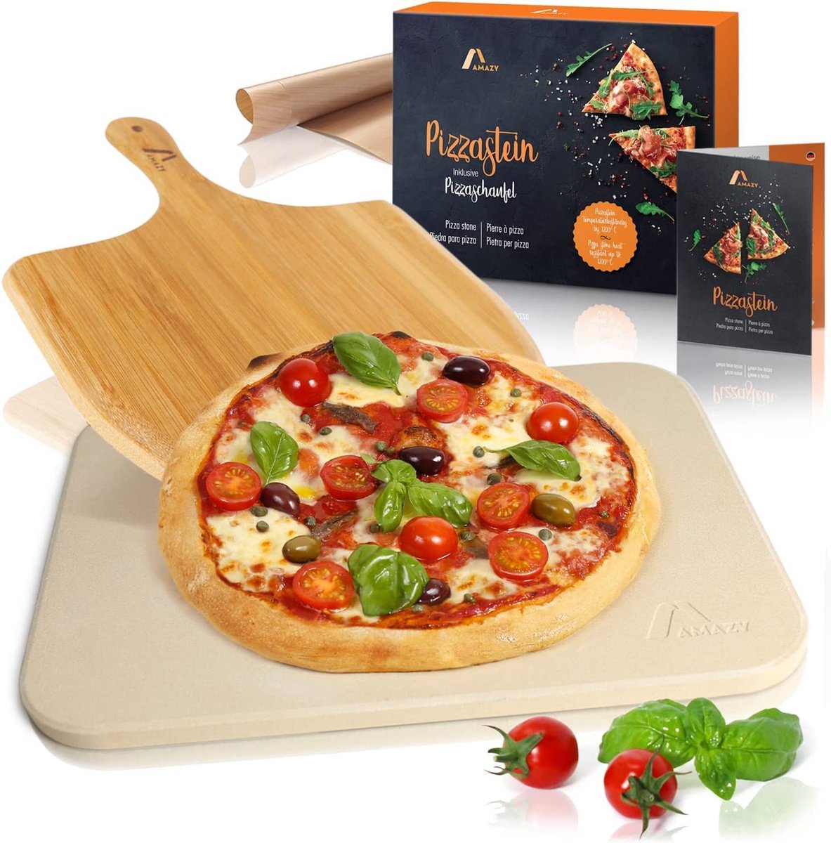 Amazy pizzasteen incl. pizzaschep en add-on - De ultra hittebestendige broodsteen geeft uw pizza de originele Italiaanse smaak knapperige en malse steenovenpizza (38 x 30 x 1,5 cm)