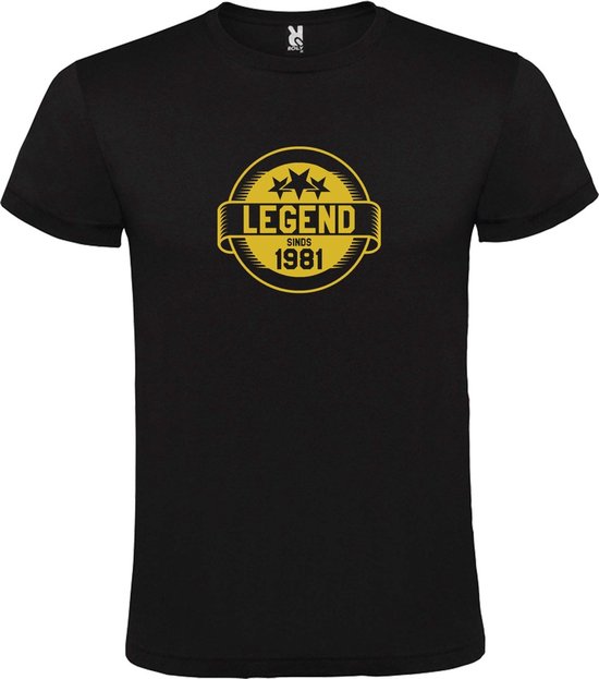 Zwart T-Shirt met “Legend sinds 1981 “ Afbeelding Goud Size L