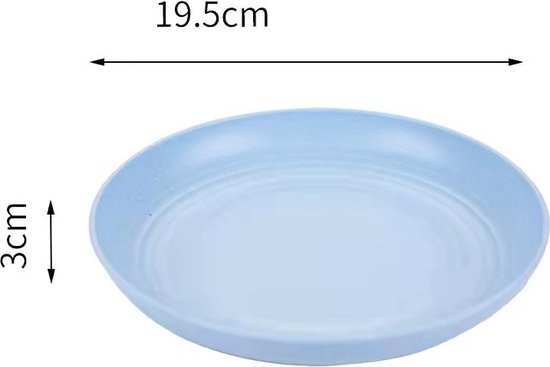 Assiette bleu clair en fibre de blé, 19,5 cm de large et 3 cm de haut.