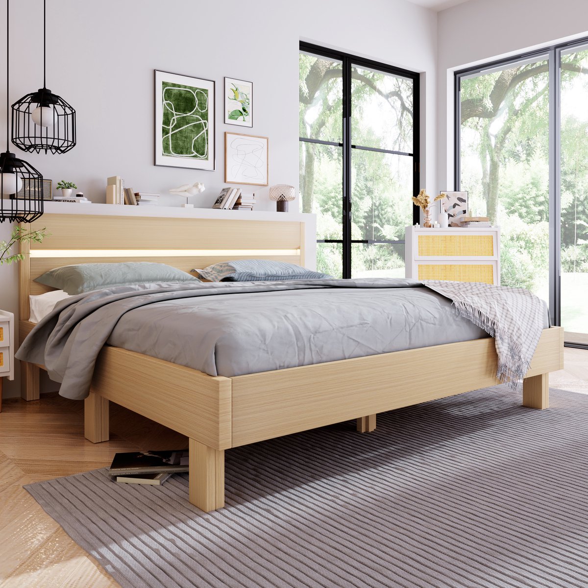 Houten bed LED opbergbed - tweepersoonsbed met hoofdbord uit bedframe met lattenbodem- Natuurlijk hout 140 x 200 cm