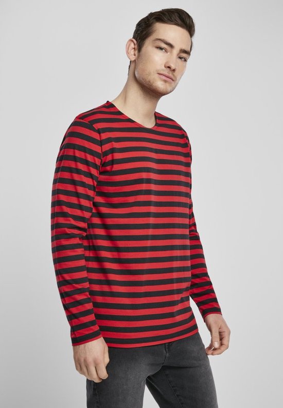 Urban Classics - Regular Stripe LS firered/blk Longsleeve shirt - S - Rood/Zwart