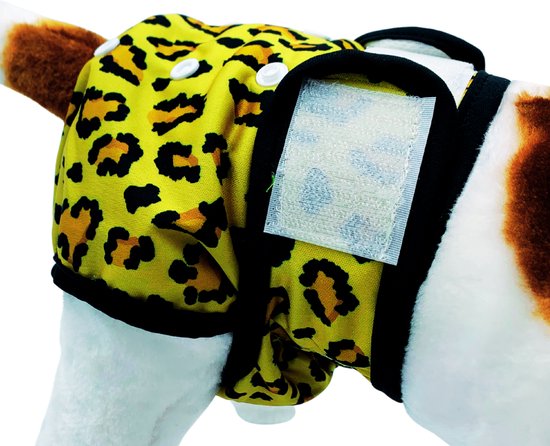 Hond met een geel loopsheidbroekje met luipaardprint, bevestigd met klittenband.