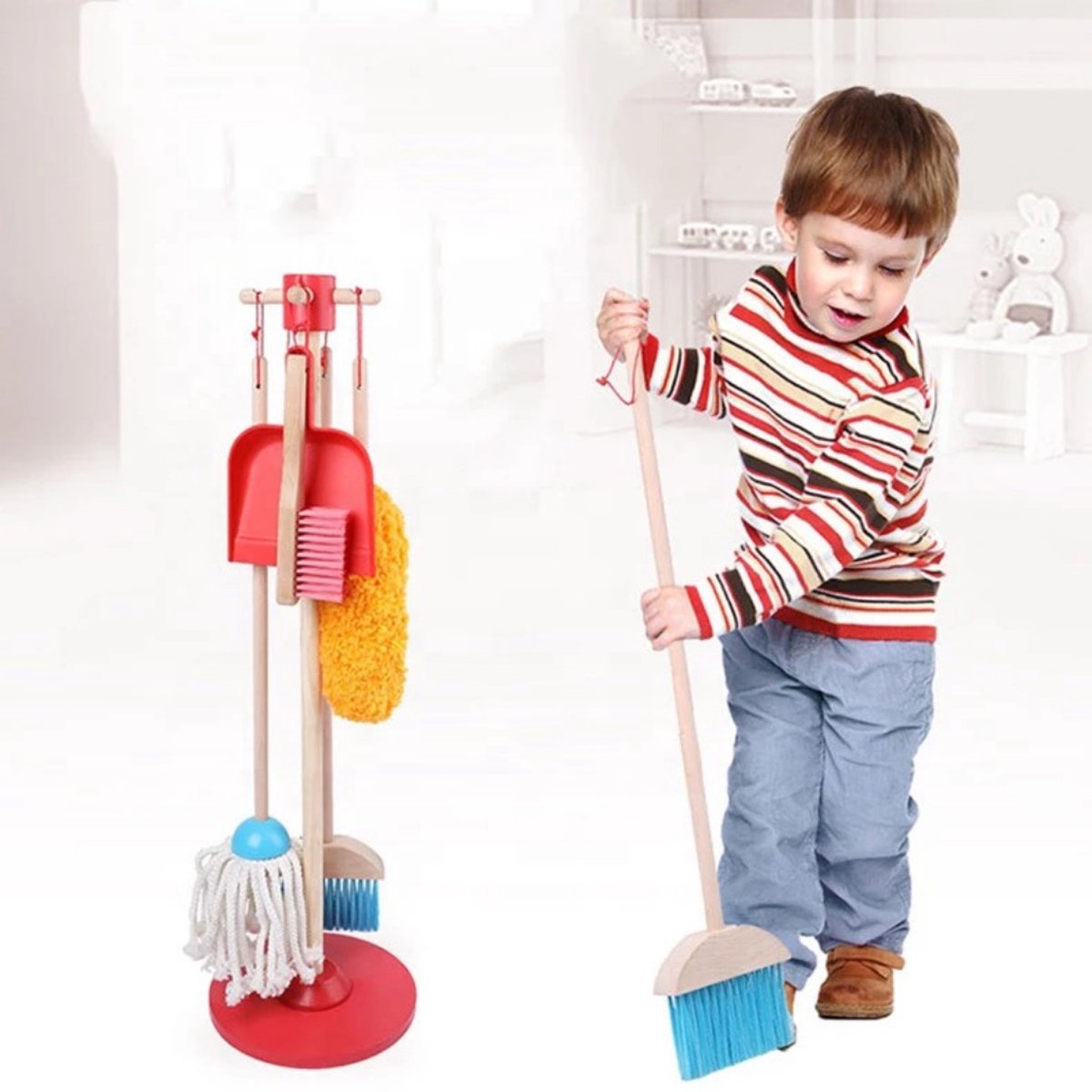 Buxibo Kinder Schoonmaak Set - Houten Huishoudelijke Gereedschap - Mini Bezem, Stoffer, Mop - Montessori Speelgoed - Multicolor — afbeelding 7