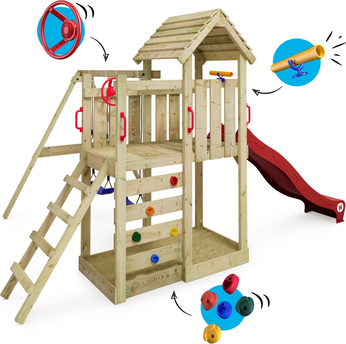 Wickey MultiFlyer Speeltoestel met Houten Dak - Dubbele schommel met Glijbaan - Klimwand & Zandbak - 293x406x260 cm - Rood — afbeelding 2