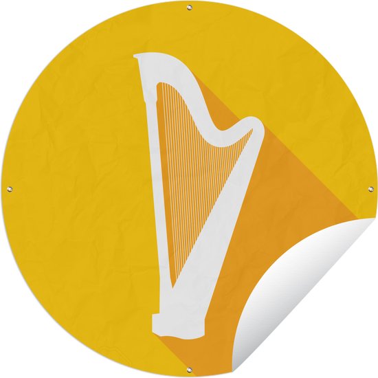 Tuincirkel Illustratie van een witte harp in een gele cirkel - 60x60 cm - Ronde Tuinposter - Buiten