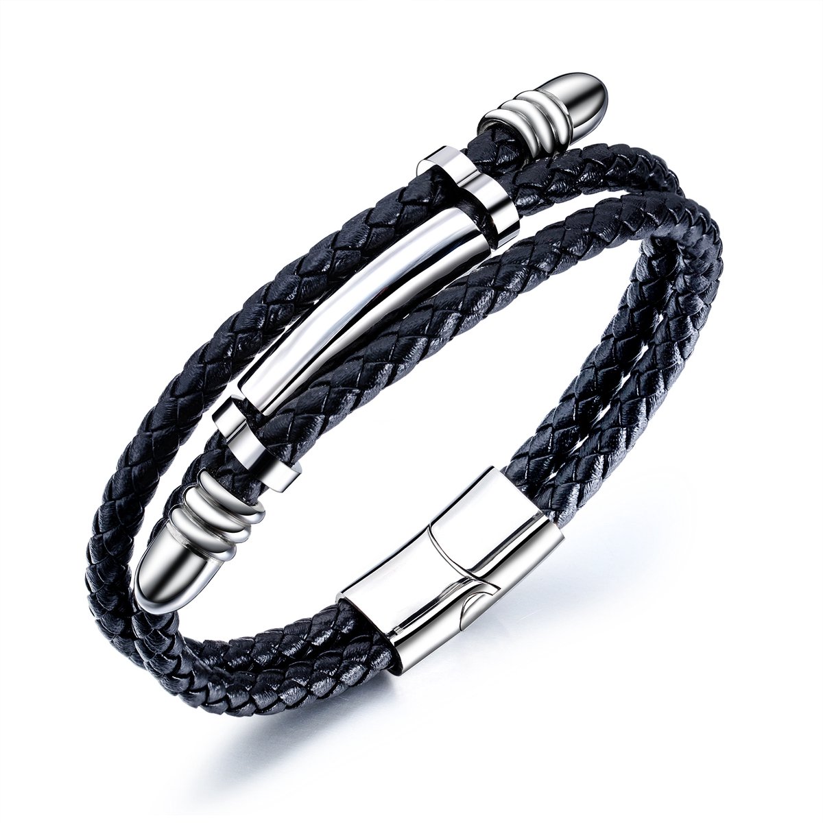 Subarashi Armband Heren - Zwart RVS - Zwart PU Leer - Mannen - Armbandje 21 cm - Cadeau voor man met geschenkzakje- vaderdag - cadeautjes - Verjaardag-Valentijn