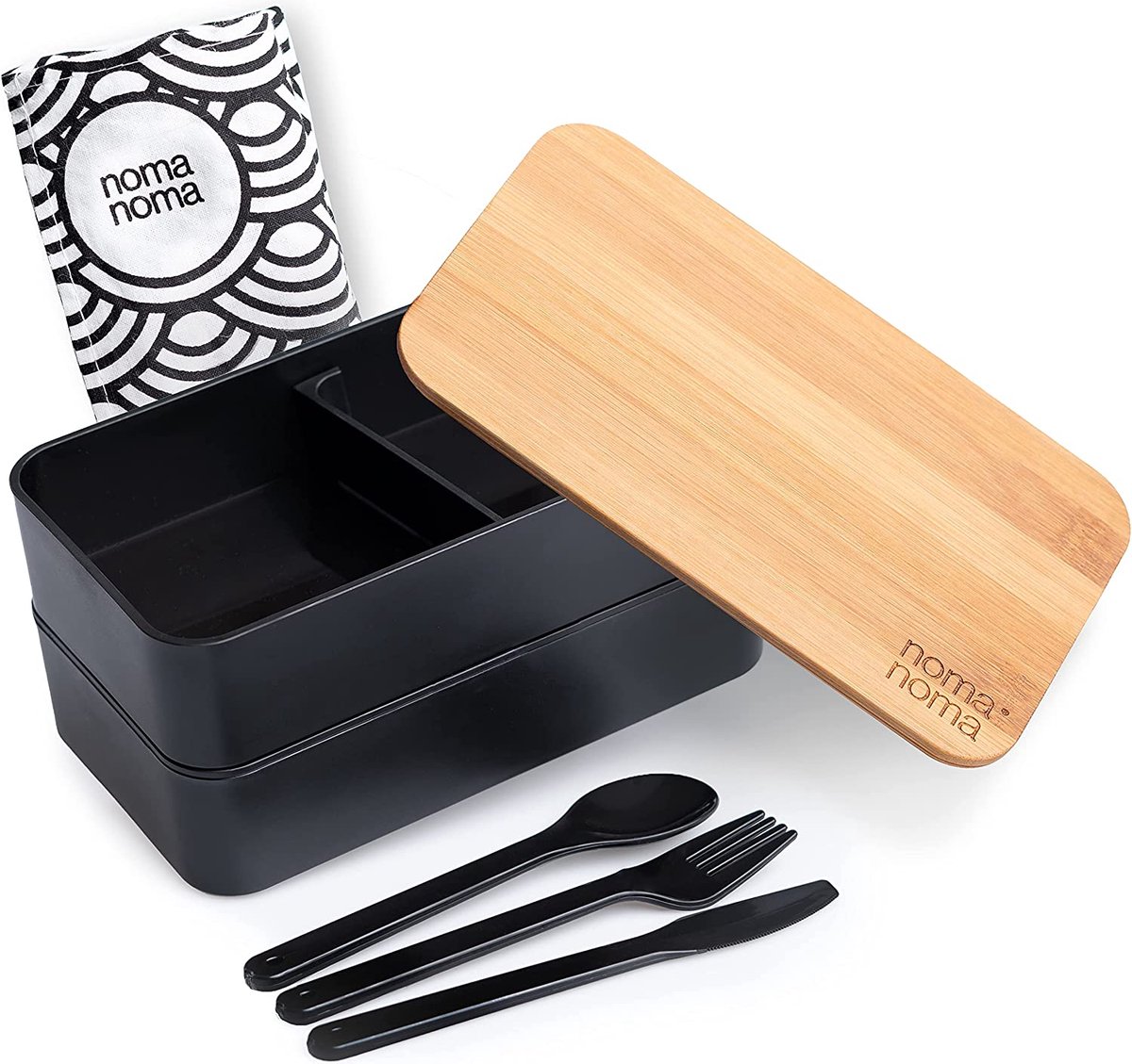 noma noma® Bento Box - Klimaatneutrale lunchbox voor volwassenen & kinderen - Japanse bento box voor kantoor, school, universiteit & outdoor - incl. bestekset & snijplank - zwart