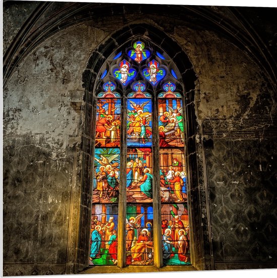 WallClassics - PVC Schuimplaat - Glas-in-lood Raam in de Notre-Dame Kerk - 80x80 cm Foto op PVC Schuimplaat (Met Ophangsysteem)