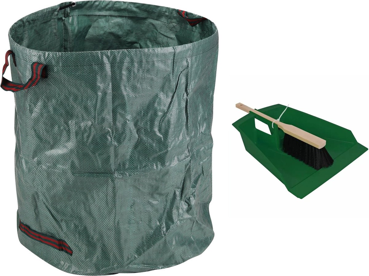 Goedkoopste Talen Tools Stoffer en blik - groen - 43 cm - met tuinafvalzak 272L voor tuinafval/bladeren