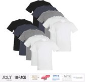 10 Pack Sol's Heren T-Shirt 100% biologisch katoen Ronde hals Zwart, Donker Grijs, Grijs / Lichtgrijs gemeleerd, wit Maat XL