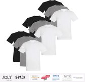 9 Pack Sol's Heren T-Shirt 100% biologisch katoen Ronde hals Zwart, Grijs en Wit Maat M