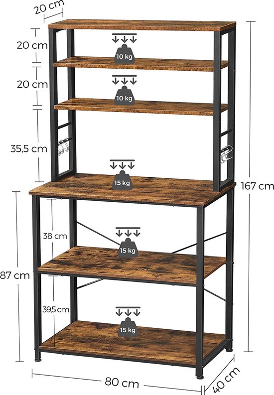 VASAGLE keukenplank, staande plank met 2 metalen manden, bakkersplank met haken en planken, magnetronplank, 35 x 80 x 95 cm, industrieel ontwerp, vintage, antracietgrijs-inktzwart KKS096B22