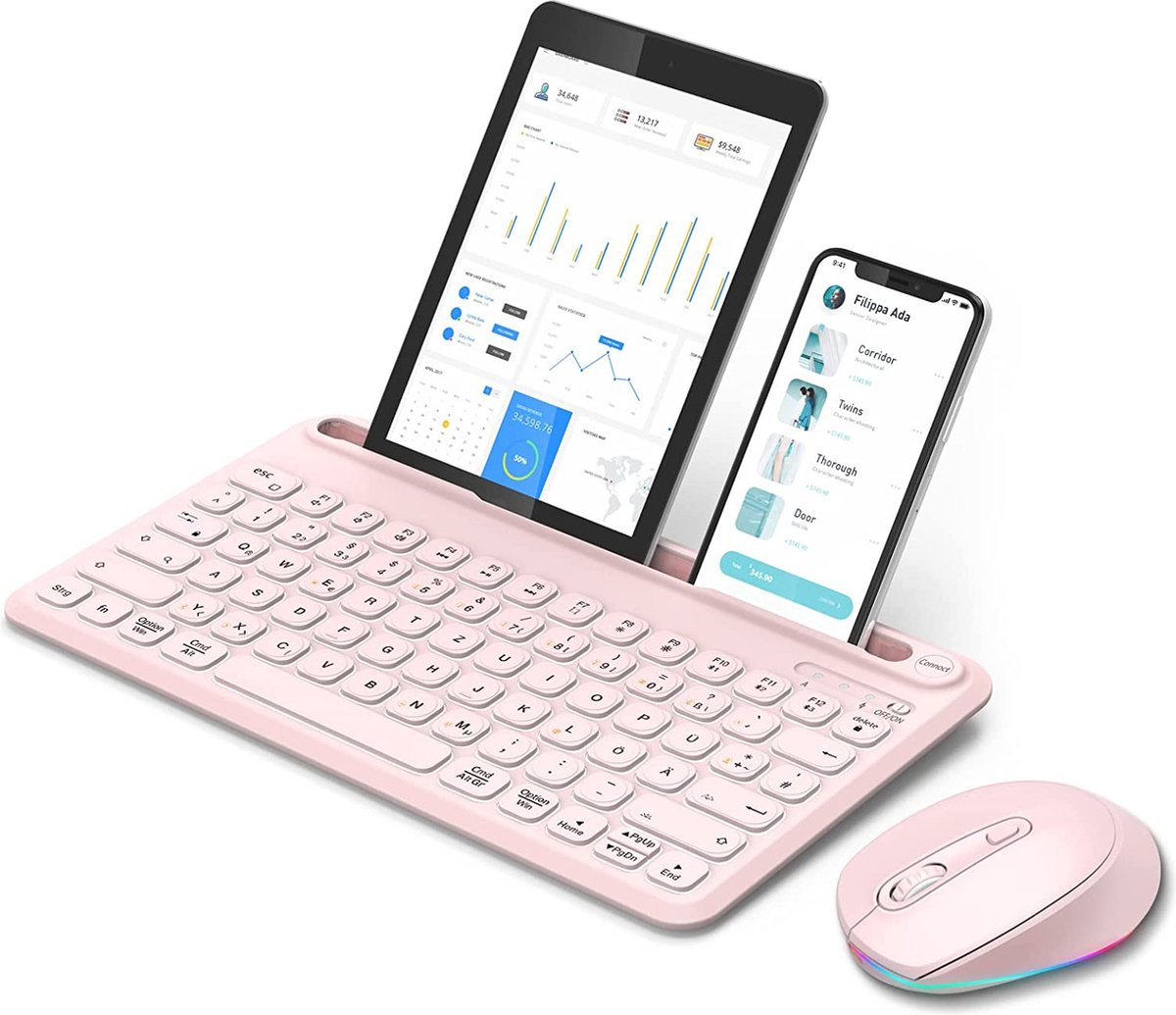 YSR- Bluetooth Toetsenbord Met Muis 3 Kanalen Verlicht Draadloos Toetsenbord Met Tablethouder Draadloos Toetsenbord Oplaadbaar QWERTZ Toetsenbord & RGB-Muis Voor iOS/Android/Windows Roze
