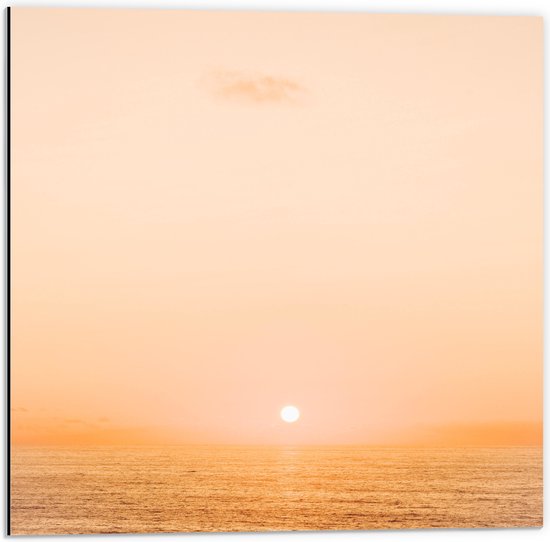 WallClassics - Dibond - Mistige Zonsondergang boven Zee - 50x50 cm Foto op Aluminium (Met Ophangsysteem)