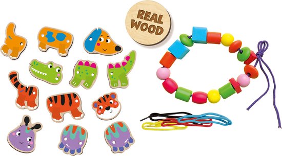 SES - Dieren rijgen met kralen - Montessori - met duurzame houten onderdelen - grote kralen - 4 kleuren veters - SES