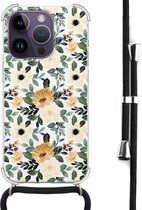 Hoesje met koord - Geschikt voor iPhone 14 Pro Max - Lovely flowers - Verstelbaar zwart koord - Transparant, Geel - Bloemen - Leuke Telefoonhoesjes