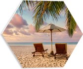 PVC Schuimplaat Hexagon - Twee Ligbedden op het Strand met Palmboom - 30x26.1 cm Foto op Hexagon (Met Ophangsysteem)