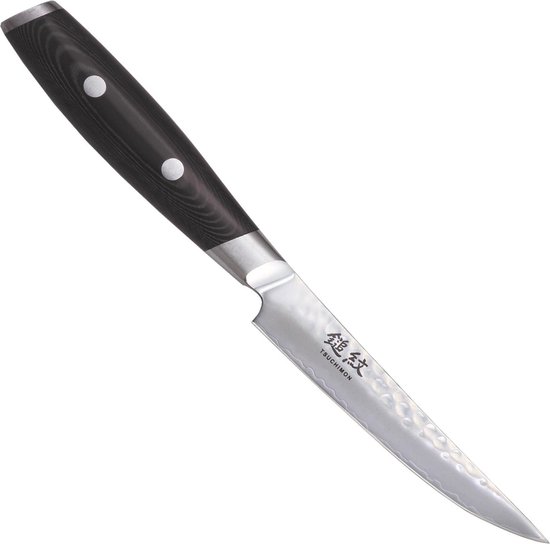 Yaxell Japonais - Série Tsuchimon - Couteau à Steak - Acier VG10 - 61 HRC - Lame 11 cm - 3 Couches d'Acier Damas - Manche Toile-Micarta