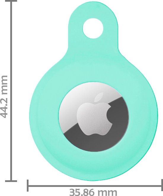 Turquoise hoesje met Apple logo. Afmetingen: 44,2 mm hoog en 35,86 mm breed.