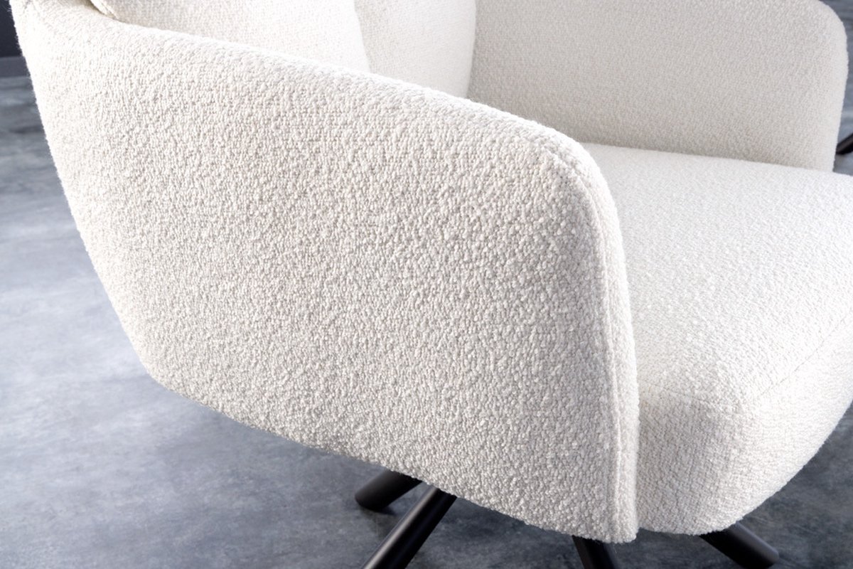 Draaibare retro stoel BIG GEORGE witte bouclé met armleuningen Bonell veerkern teddystof
