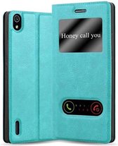 Cadorabo Hoesje geschikt voor Huawei ASCEND P7 in MUNT TURKOOIS - Beschermhoes met magnetische sluiting, standfunctie en 2 kijkvensters Book Case Cover Etui