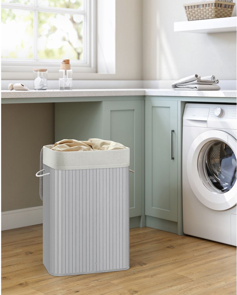 Bamboe Wasmand Van 72 L – Wasbox Met Deksel En Uitneembare Stoffen Waszak 40 30 60 Cm