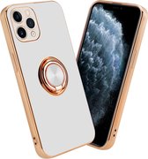 Cadorabo Hoesje voor Apple iPhone 11 PRO MAX in Glossy Wit - Goud met ring - Beschermhoes van flexibel TPU-silicone Case Cover met camerabescherming en magnetische autohouder