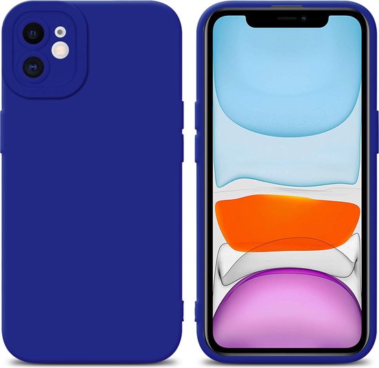 Coque TPU bleu foncé, avant et arrière montrées avec iPhone 11.