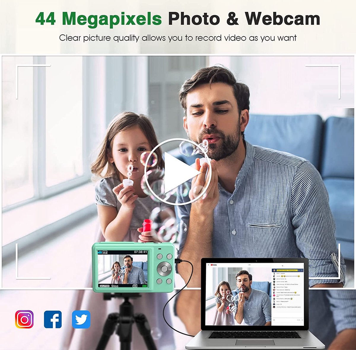 Camera Kinderen - Fototoestel – Videocamera – luidspreker – Inclusief gezichtsherkenning – Zwart