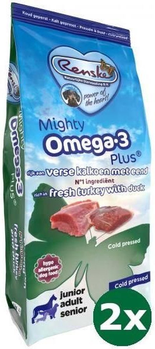 2x15 kg Renske mighty omega plus kalkoen / eend geperst hondenvoer