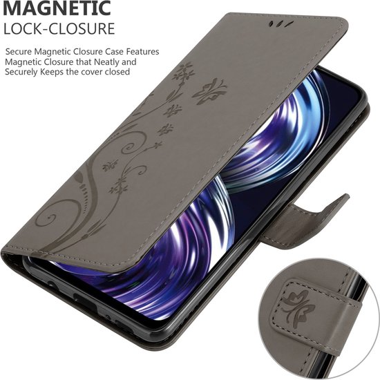 Cadorabo Coque pour Realme 8i / Narzo 50 4G en GRIS FLORAL - Housse de Protection à Motif Floral avec Fermeture Magnétique, Fonction Support et Fentes pour Cartes Book Case Cover Etui