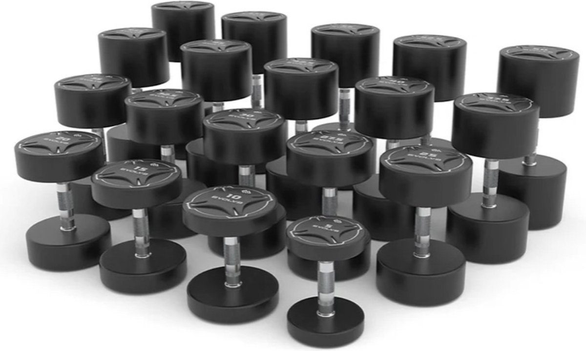 Evolve Fitness TPU Urethaan Dumbbellset / Halterset - 1 kg t/m 10kg - totaal 110 kg - (2x 1 kg, 2x 2 kg, 2x 3 kg, 2x 4 kg, 2x 5 kg, 2x 6 kg, 2x 7 kg, 2x 8 kg, 2x 9 kg, 2x 10 kg)