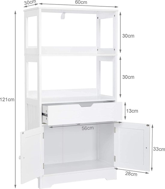 WONDERMAKE Wooden / Bamboo Drying Cabinet / High Storage Cabinet for Bathroom / Kitchen / Folding with Drawer, 51 x 37 x 82 cm, White