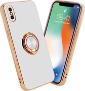 Cadorabo Hoesje voor Apple iPhone X / XS in Glossy Wit - Goud met ring - Beschermhoes van flexibel TPU-silicone Case Cover met camerabescherming en magnetische autohouder